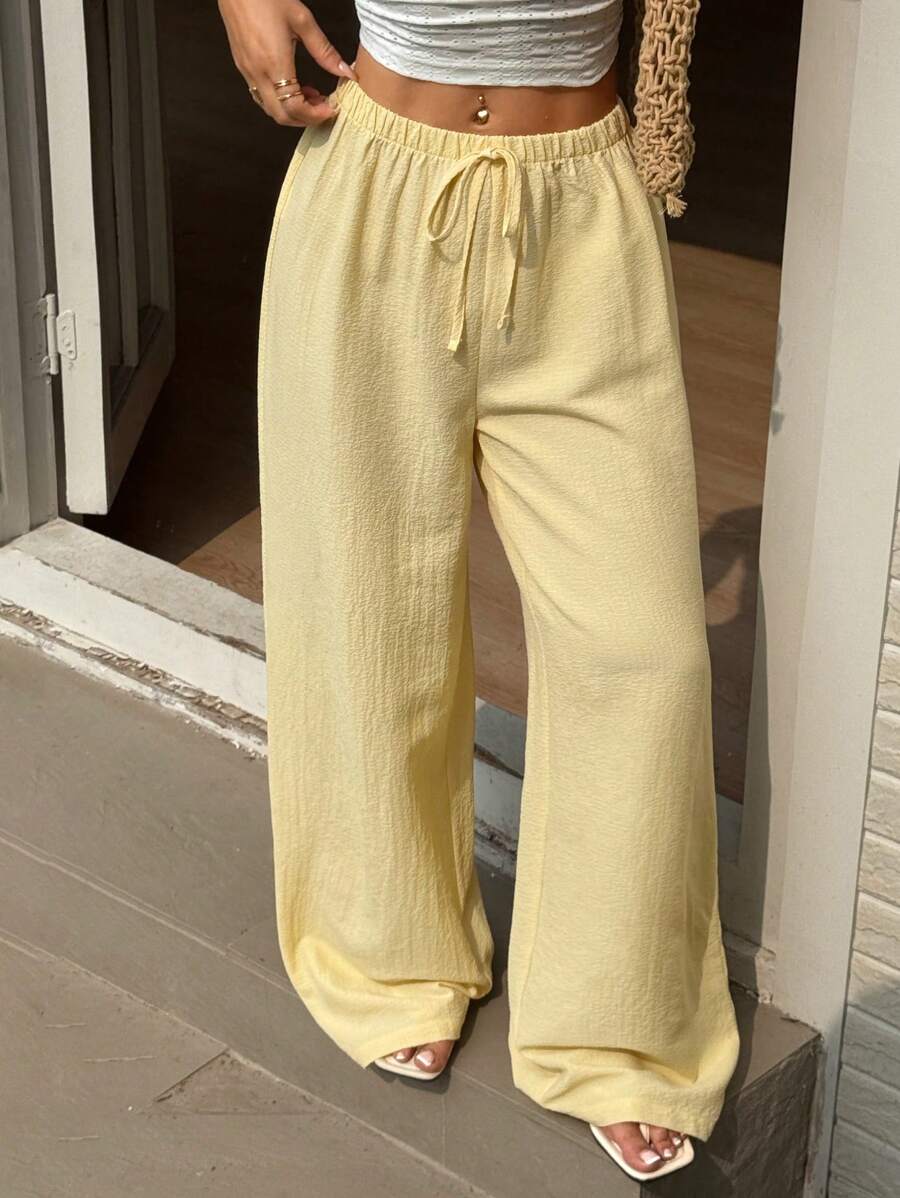 SHEIN Sunnyshic بنطلون أصفر مستقيم بربطة خصر من قماش منسوج كاجوال