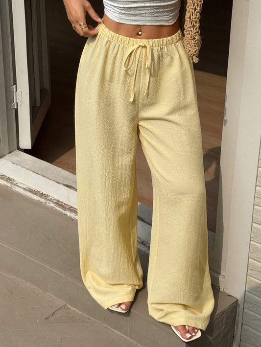 SHEIN Sunnyshic بنطلون أصفر مستقيم بربطة خصر من قماش منسوج كاجوال