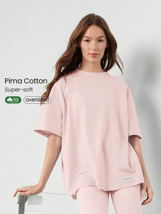 SHEIN GLOWMODE تي شيرت قطن بيما أنيسكس قصير الأكمام بياقة دائرية