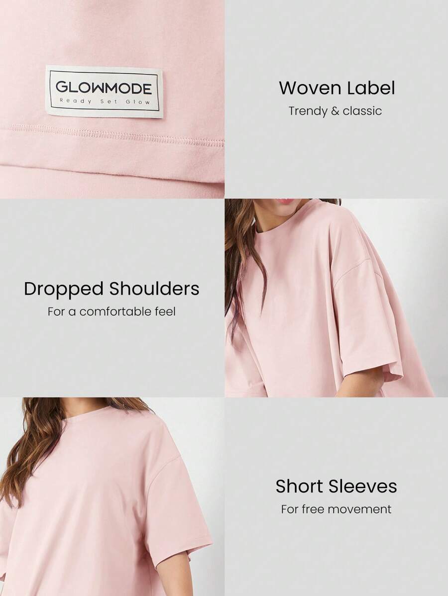 SHEIN GLOWMODE تي شيرت قطن بيما أنيسكس قصير الأكمام بياقة دائرية