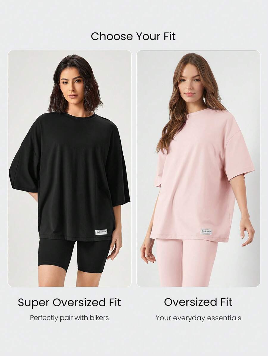SHEIN GLOWMODE تي شيرت قطن بيما أنيسكس قصير الأكمام بياقة دائرية