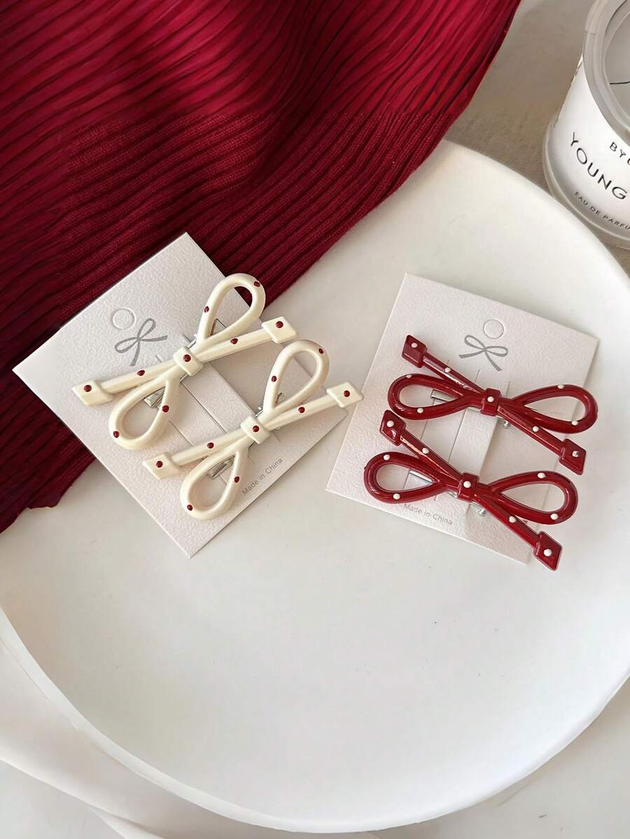 SHEIN طقم 4 قطع مشابك شعر بفيونكات بنقشة نقاط حمراء