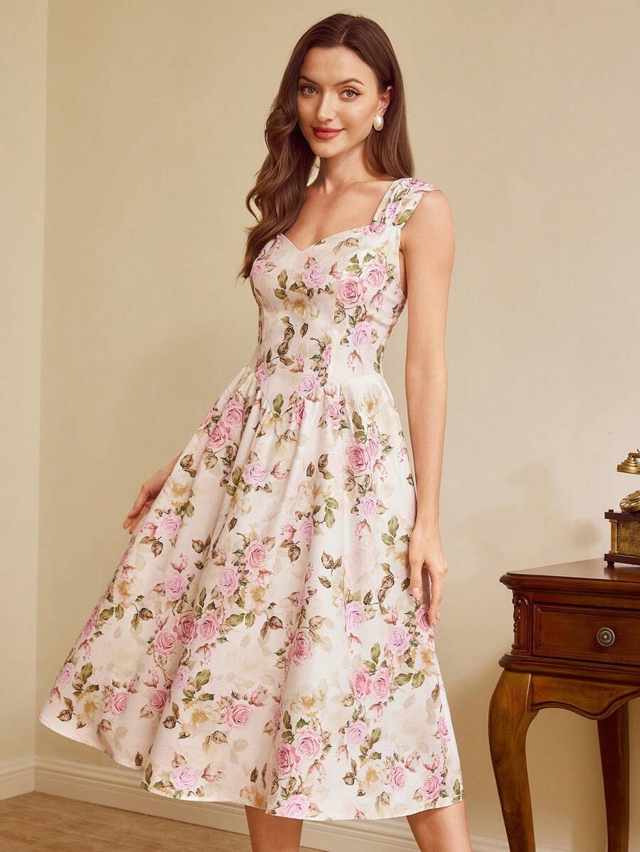 SHEIN VINTAMOUR فستان بطبعة نباتية بياقة قلب وحمالات بدون أكمام
