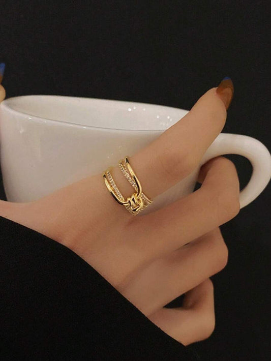 SHEIN خاتم نحاسي متعدد الطبقات مزخرف بالزركونيا المكعبة