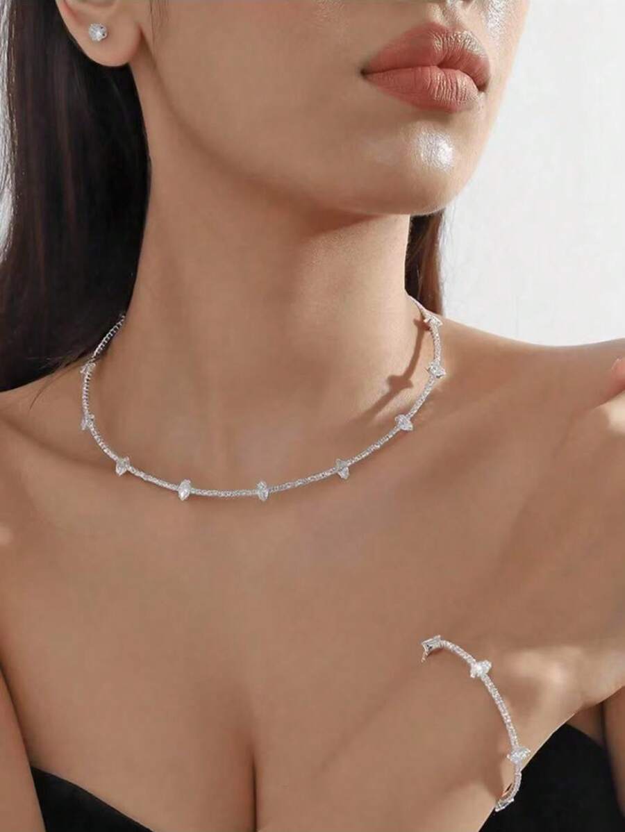 SHEIN مجموعة مجوهرات 4 قطع بزركونيا وياقوت كريستالي