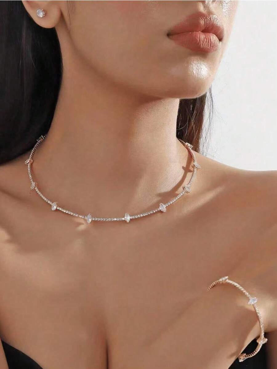 SHEIN مجموعة مجوهرات 4 قطع بزركونيا وياقوت كريستالي