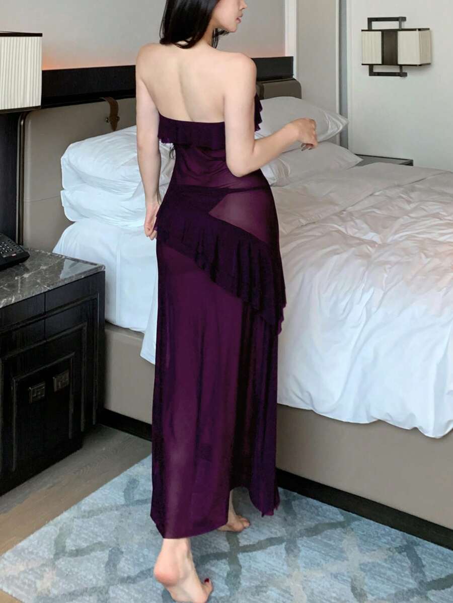 SHEIN DAZY فستان نوم شفاف مكشكش وضيق بدون ظهر