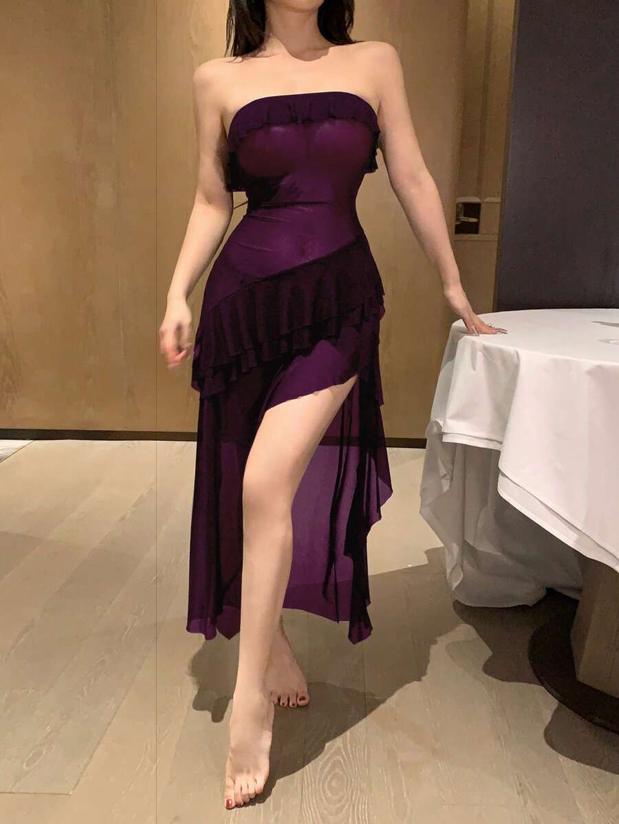 SHEIN DAZY فستان نوم شفاف مكشكش وضيق بدون ظهر