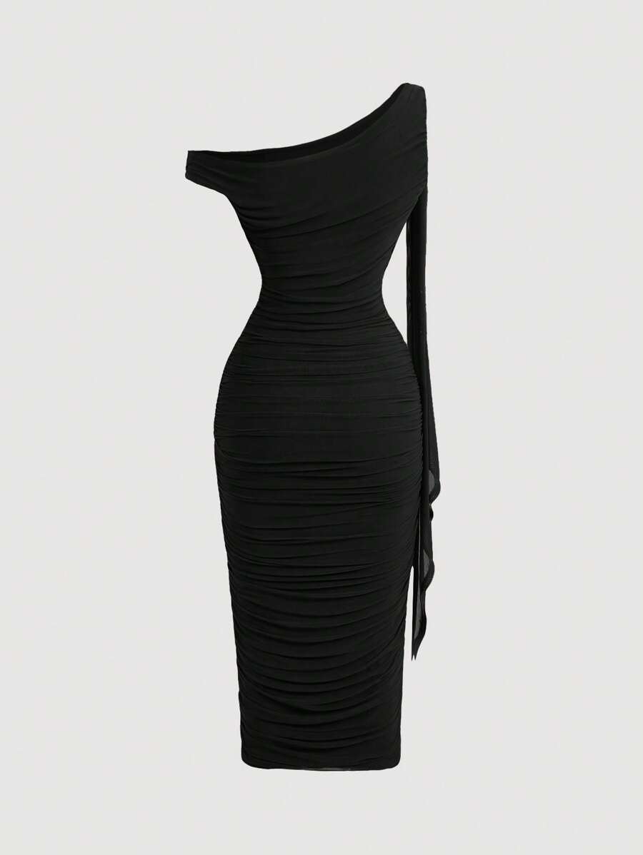 SHEIN MOD فستان أسود سادة بقصة ضيقة وياقة مجعدة