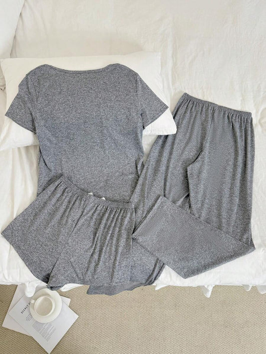 SHEIN طقم بيجامة 3 قطع بأكمام قصيرة مزخرف برسومات قطة