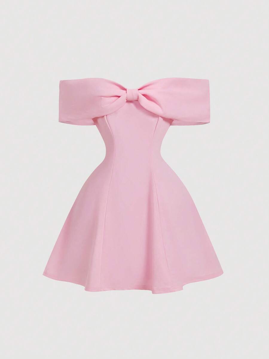 SHEIN MOD فستان كوكتيل وردي ناعم ضيق بكتف مكشوف وفيونكة