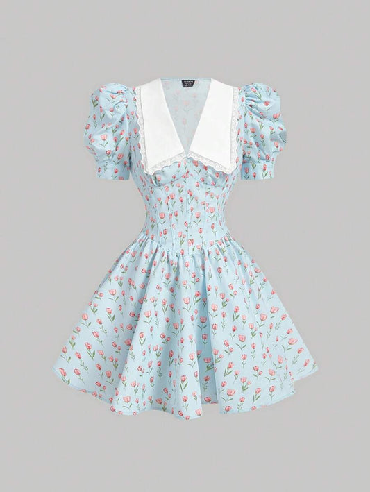 SHEIN MOD فستان أزرق ضيق بأكمام بشوب وياقة مزخرفة بطراز زهور صغيرة