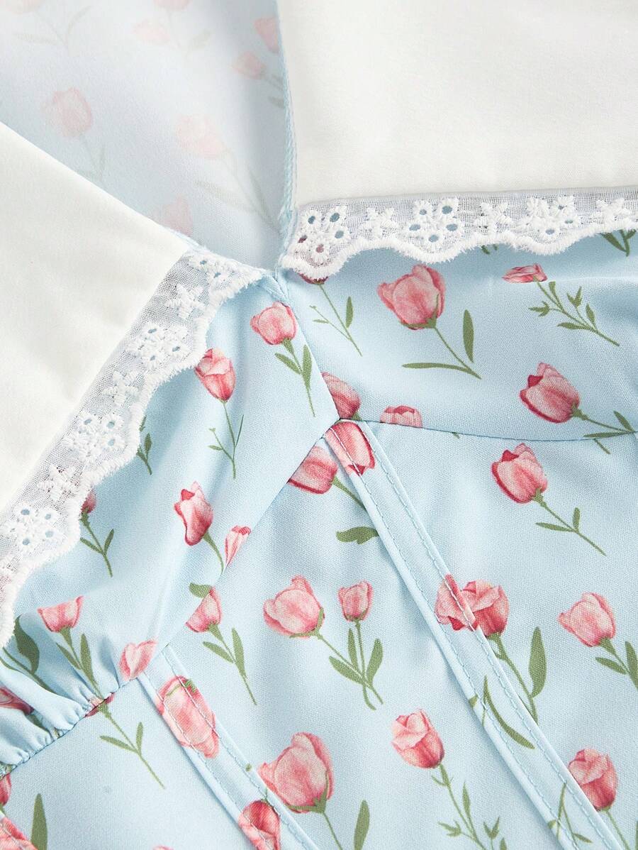 SHEIN MOD فستان أزرق ضيق بأكمام بشوب وياقة مزخرفة بطراز زهور صغيرة