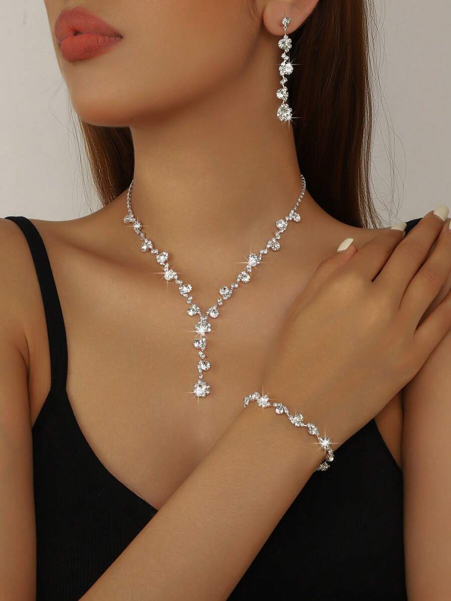 SHEIN طقم مجوهرات ابيض 3 قطع مرصع بالراين