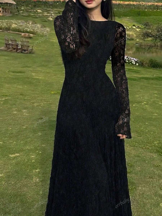 SHEIN فستان دانتيل اسود بأكمام واسعة وظهر مكشوف