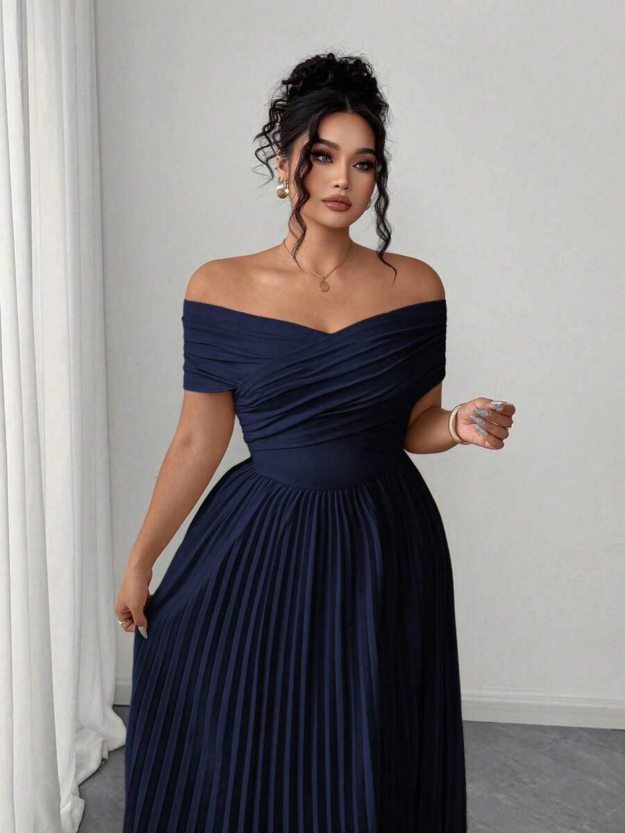 SHEIN Elenzga فستان أزرق بحمالات منحرفة الكتف متوشح الخصر