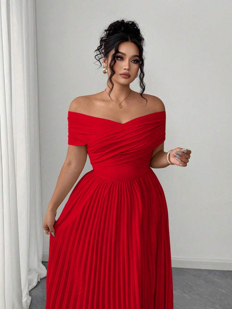 SHEIN Elenzga فستان أحمر طويل محشو الخصر