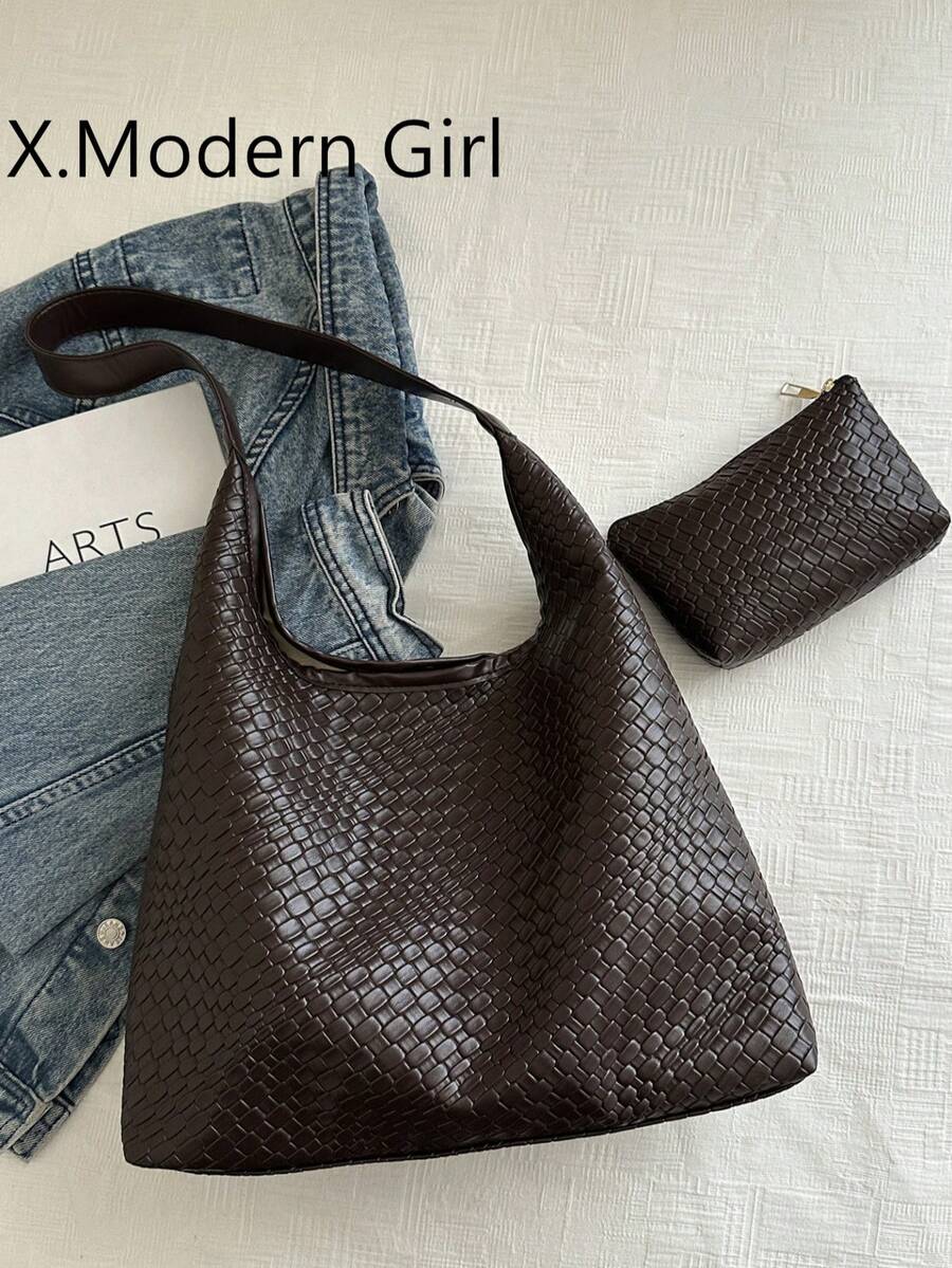 SHEIN حقيبة كتف هلالية من جلد البولي يوريثان مع محفظة صغيرة