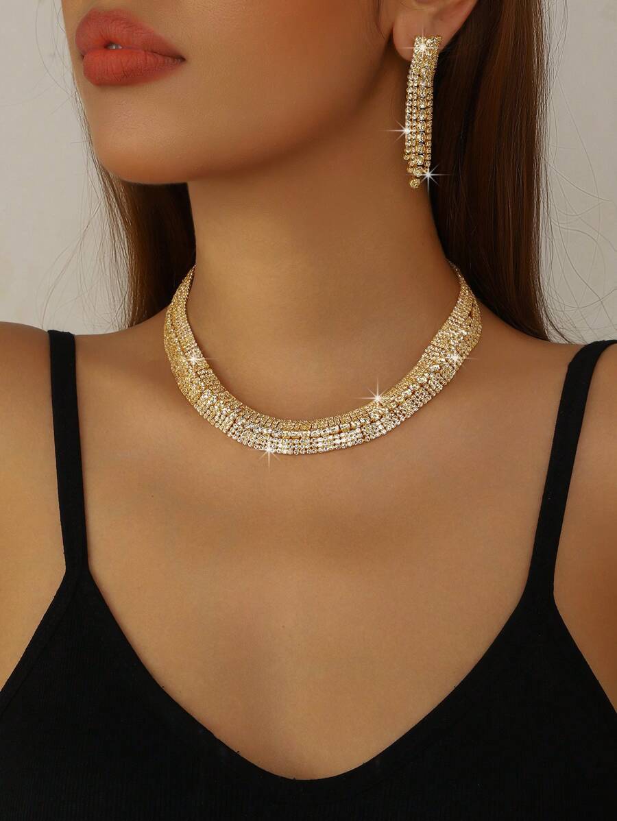 SHEIN طقم قلادة وأقراط مرصع بالراين الذهبي
