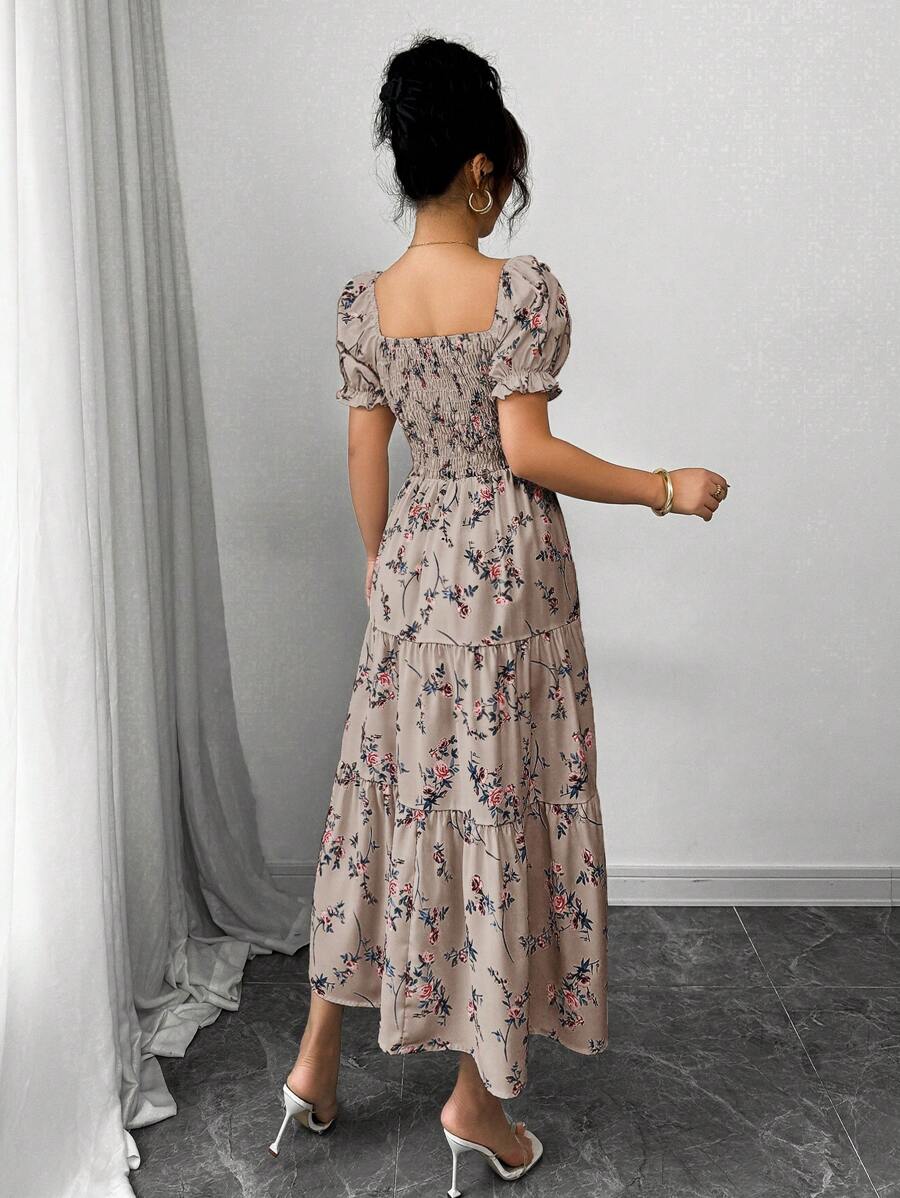 SHEIN Elenzga فستان ماكسي بياقة مربعة مكشكش بأكمام قصيرة وطبعة زهور