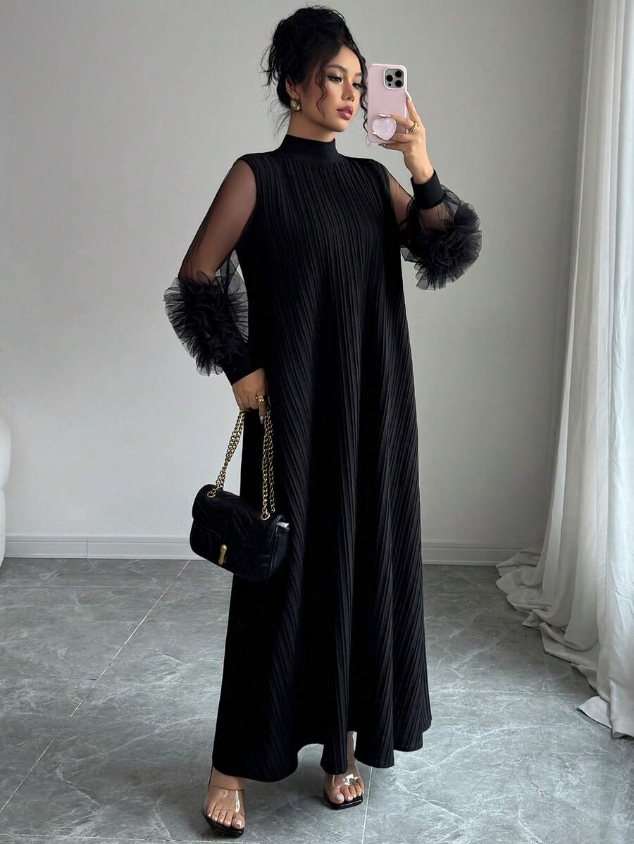SHEIN Modelyn فستان أسود بياقة عالية وأكمام فانوس مطرز بشبكة قماش واسع