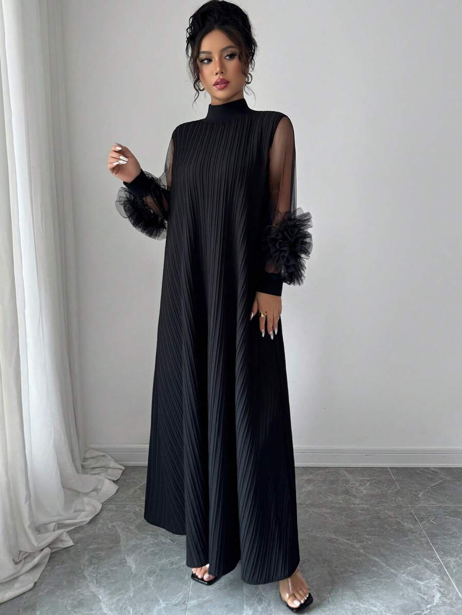 SHEIN Modelyn فستان أسود بياقة عالية وأكمام فانوس مطرز بشبكة قماش واسع