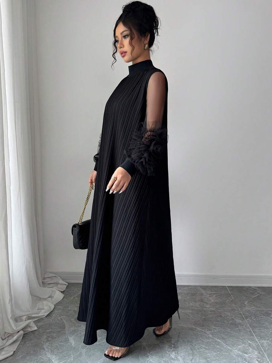 SHEIN Modelyn فستان أسود بياقة عالية وأكمام فانوس مطرز بشبكة قماش واسع