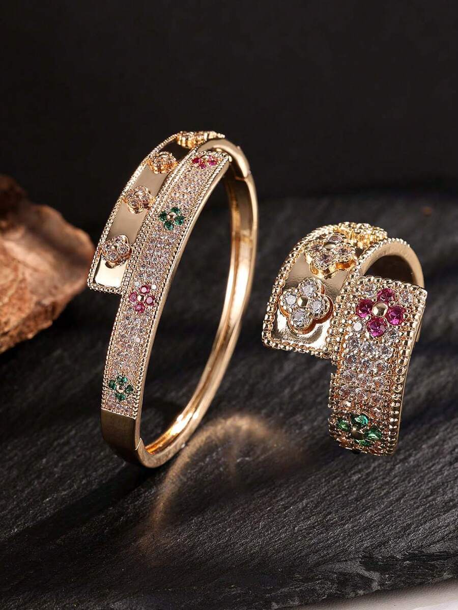 SHEIN rakol مجموعة 2 قطع سوار وخاتم مزين بزركونيا مكعبة