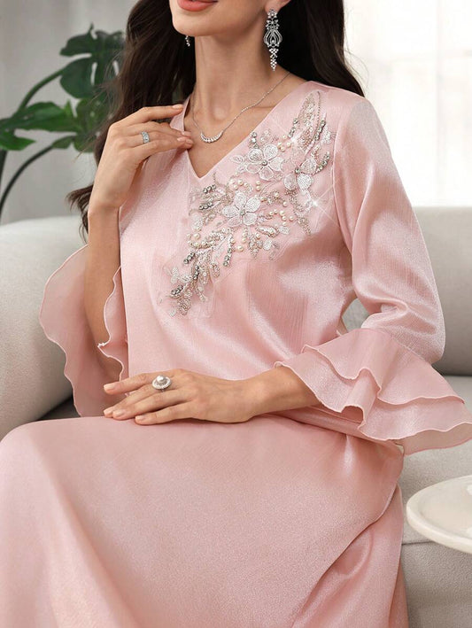 SHEIN Najma فستان جلابية حريري طويل مزين بالزهور وأكمام مكشكشة