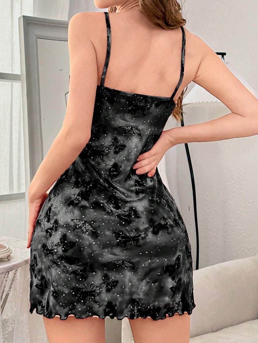 SHEIN فستان نوم أسود بدون أكمام بطبعة فراشة