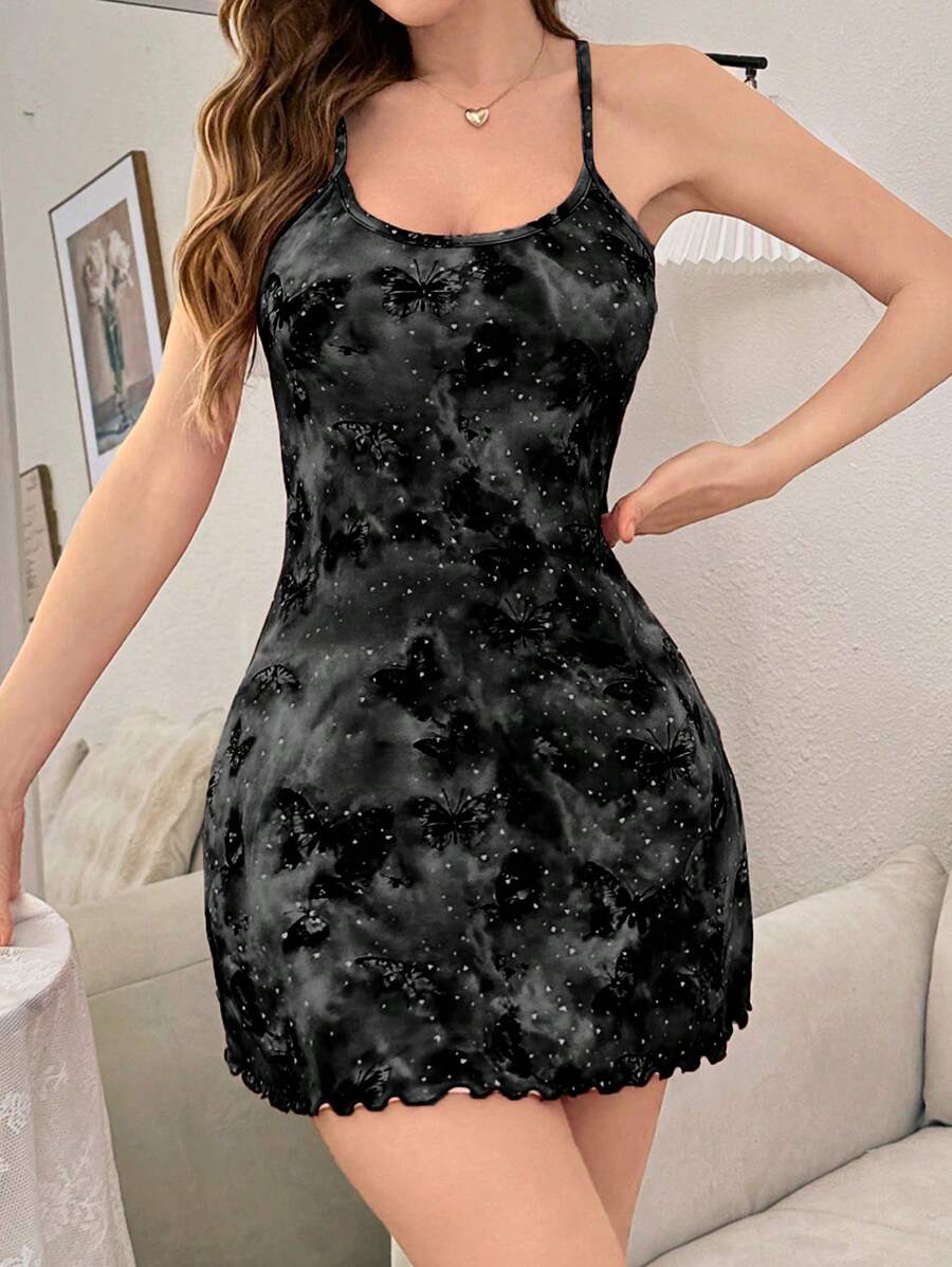 SHEIN فستان نوم أسود بدون أكمام بطبعة فراشة
