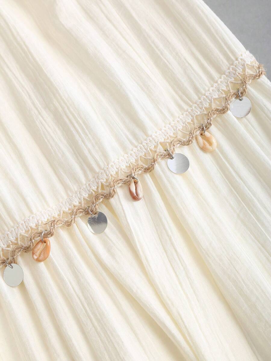 SHEIN Sweetra تنورة طويلة بخصر مطاطي وورود وشراريب بلون مشمشي