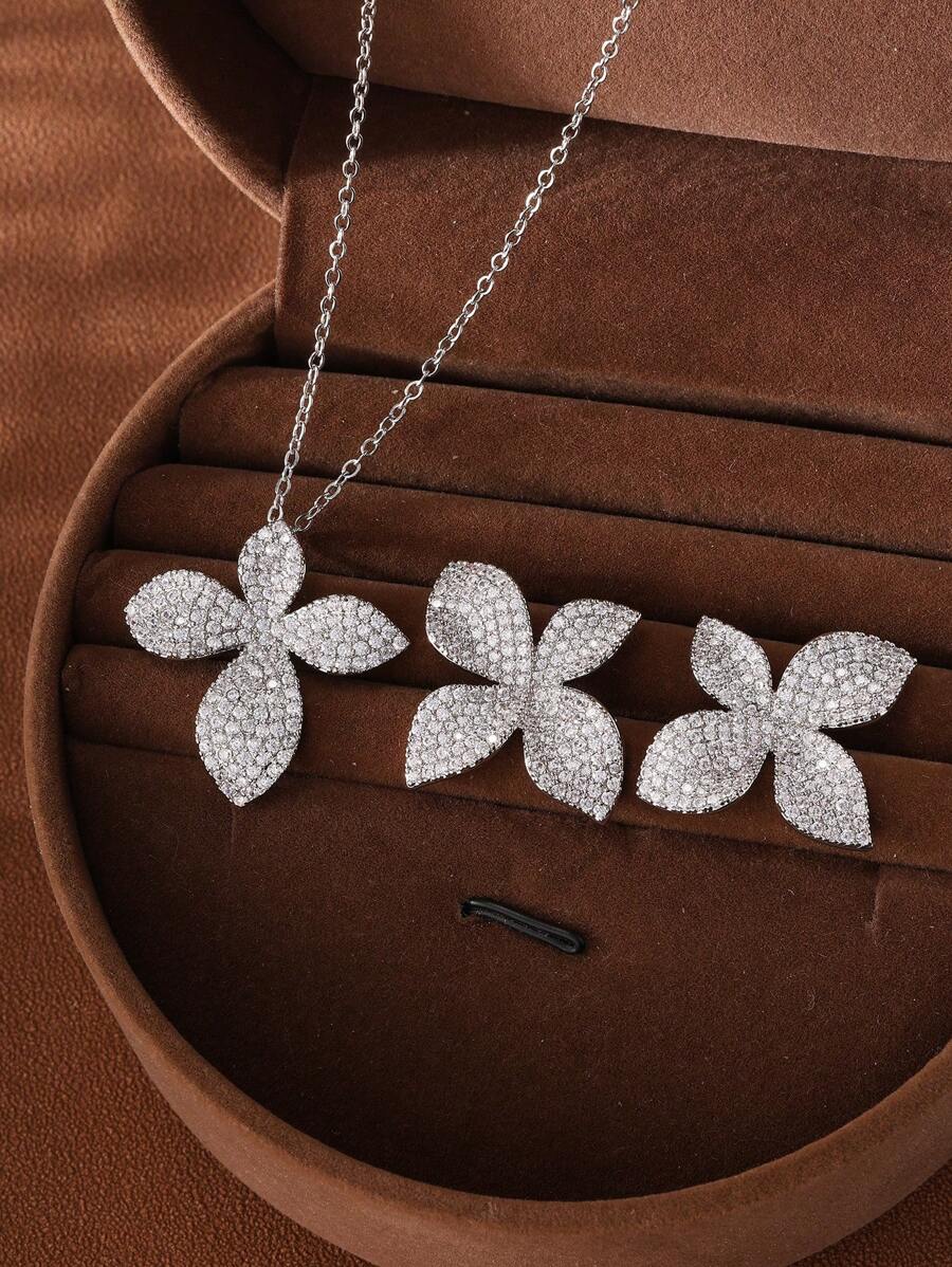 SHEIN مجموعة مجوهرات 3 قطع بزركونيا شكل أوراق