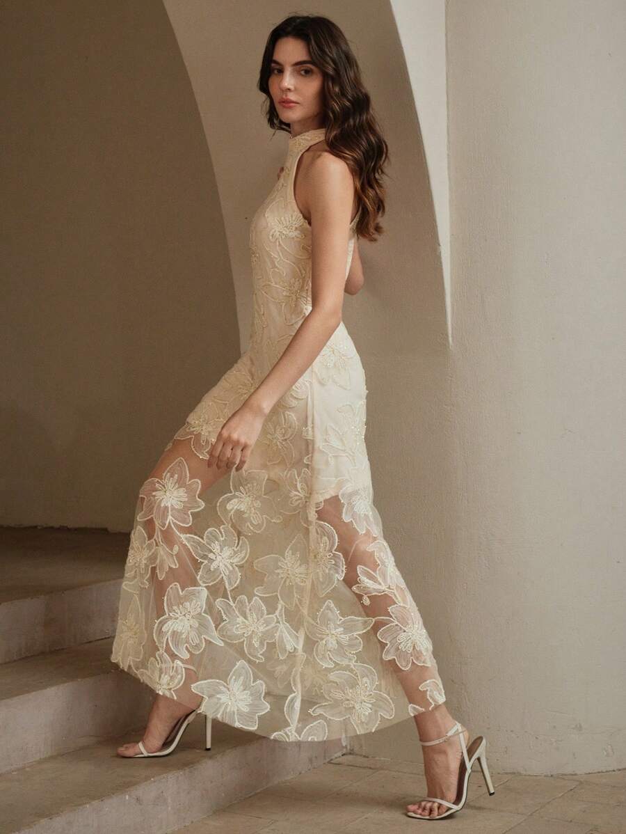 SHEIN Anewsta فستان بطبعة زهور ثلاثية الأبعاد بياقة عالية بدون أكمام