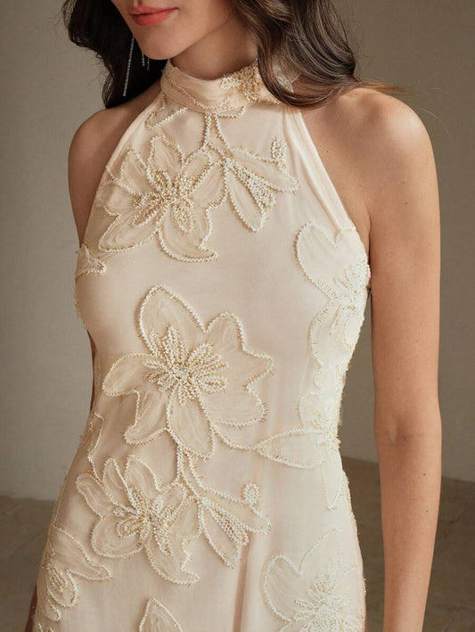 SHEIN Anewsta فستان بطبعة زهور ثلاثية الأبعاد بياقة عالية بدون أكمام