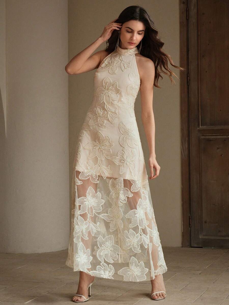 SHEIN Anewsta فستان بطبعة زهور ثلاثية الأبعاد بياقة عالية بدون أكمام