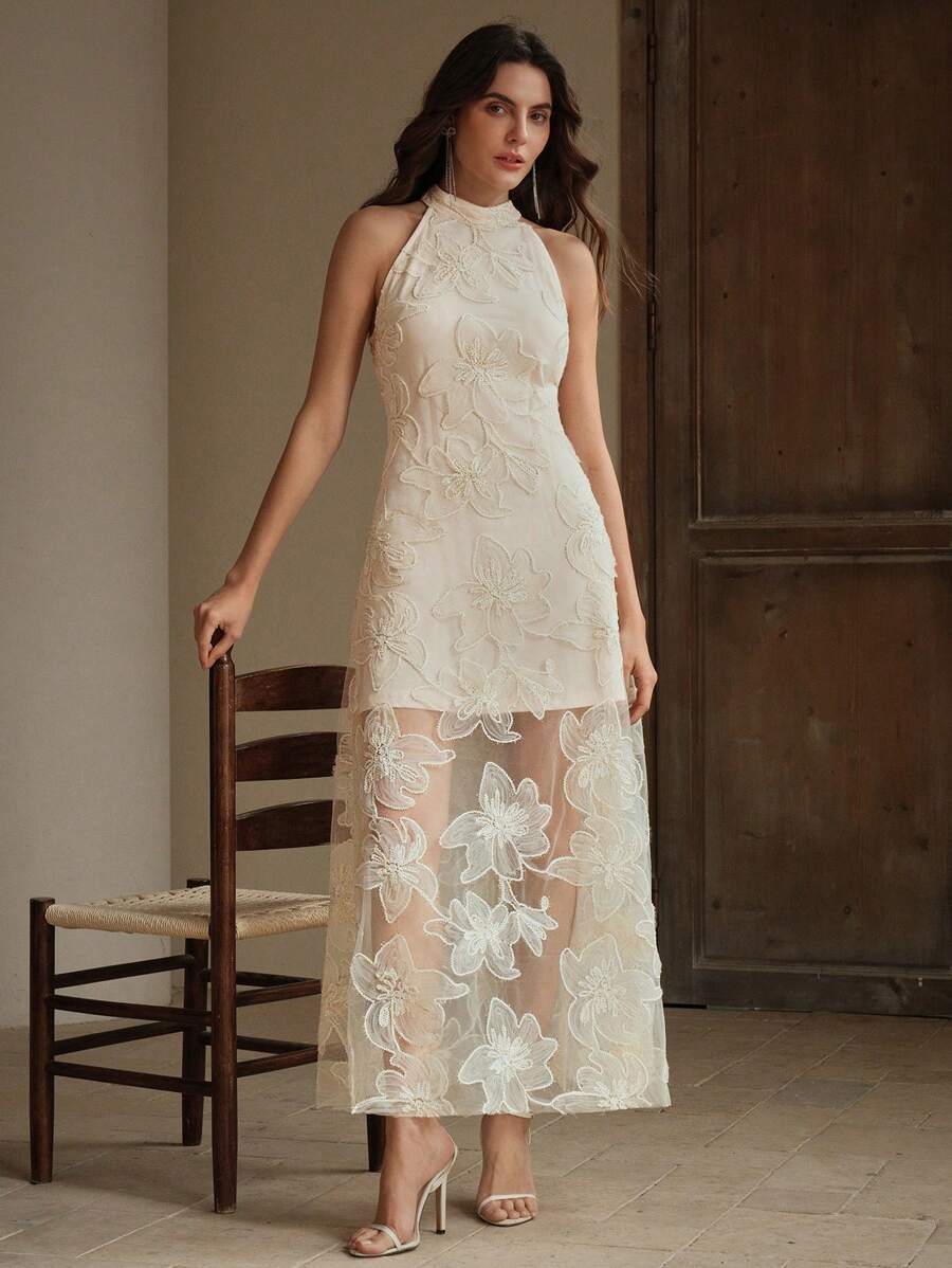 SHEIN Anewsta فستان بطبعة زهور ثلاثية الأبعاد بياقة عالية بدون أكمام