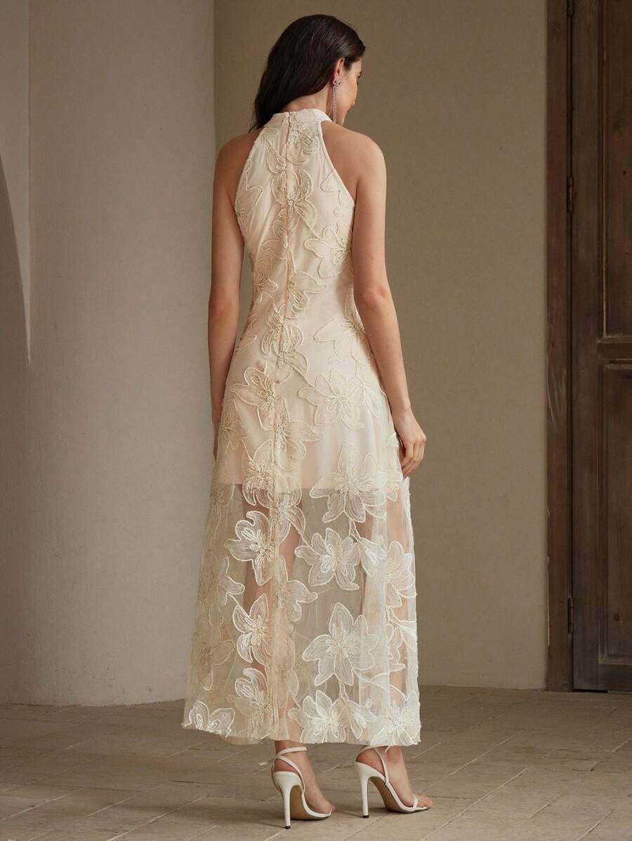 SHEIN Anewsta فستان بطبعة زهور ثلاثية الأبعاد بياقة عالية بدون أكمام