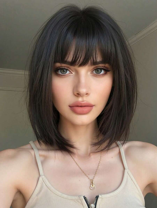 SHEIN باروكة شعر أسود مستقيم قصيرة 14 بوصة مع غرة