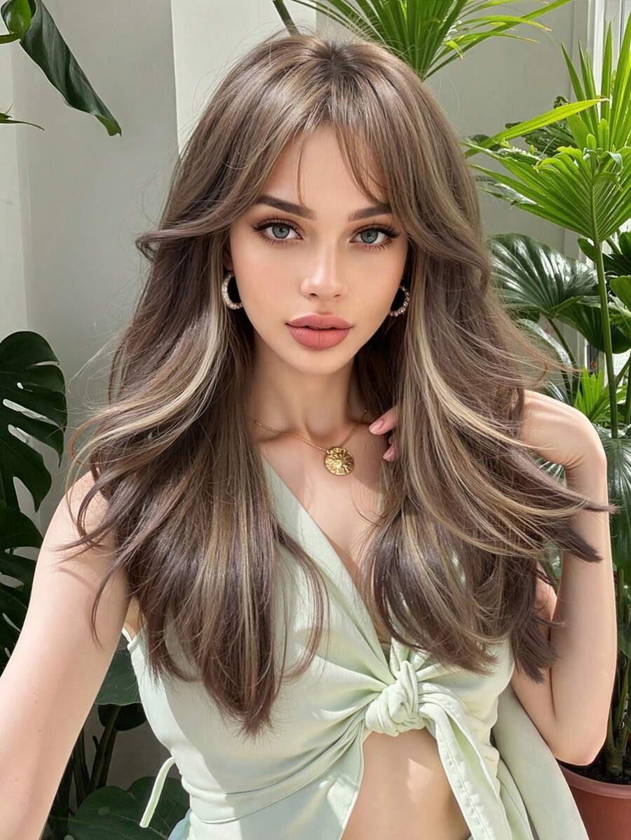 SHEIN باروكة شعر مموج طويل 20 بوصة بني بلوندي