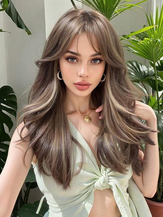 SHEIN باروكة شعر مموج طويل 20 بوصة بني بلوندي