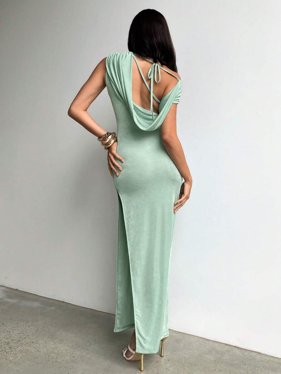 SHEIN Aloruh فستان أخضر بياقة غير متماثلة