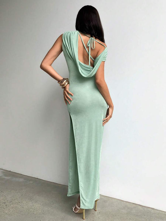 SHEIN Aloruh فستان أخضر بياقة غير متماثلة