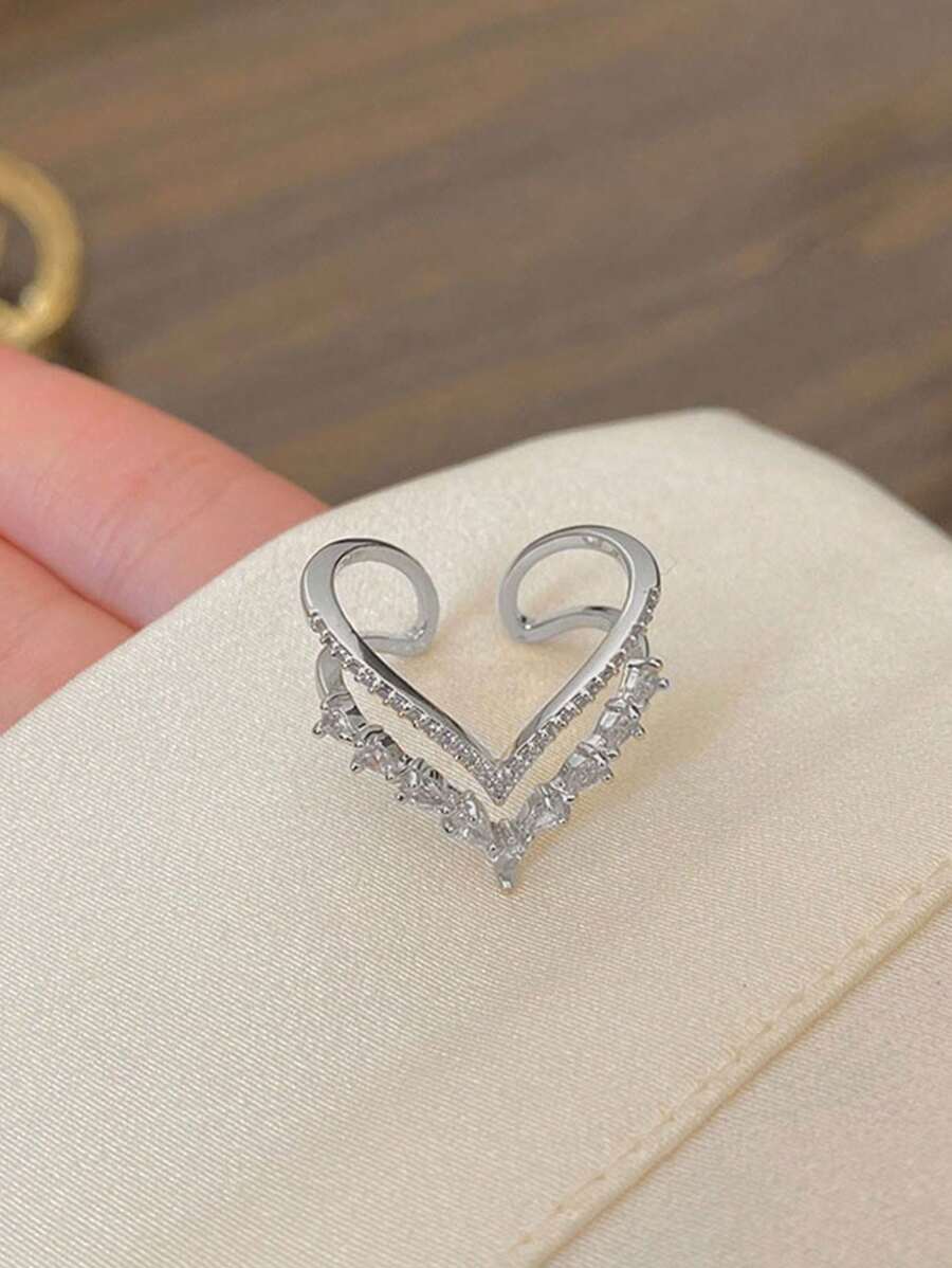SHEIN خاتم بتصميم تاج فضي بزركونيا مكعبة قابل للتعديل