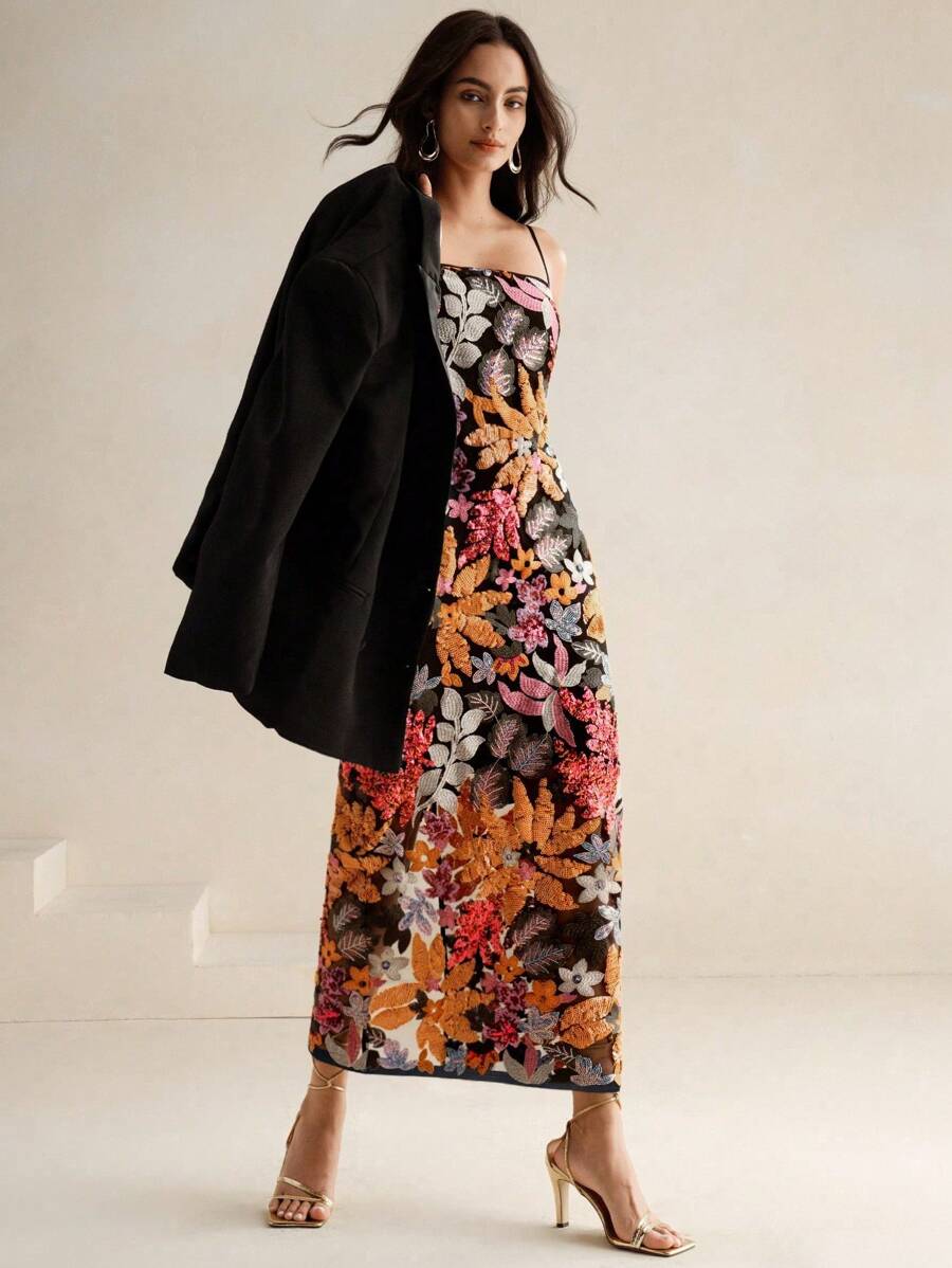 SHEIN Anewsta فستان ماكسي مزخرف بالخرز بدون أكتاف