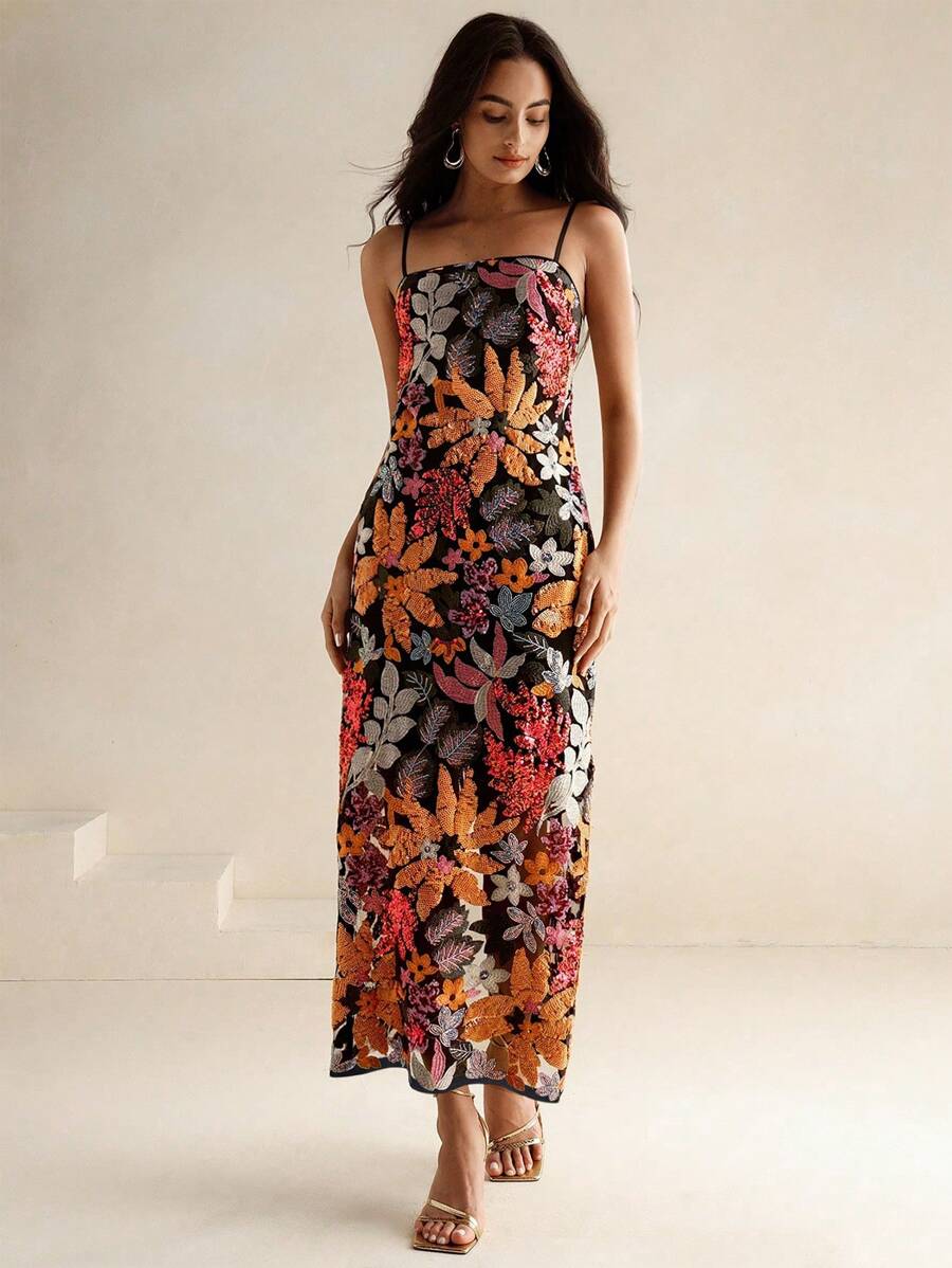 SHEIN Anewsta فستان ماكسي مزخرف بالخرز بدون أكتاف