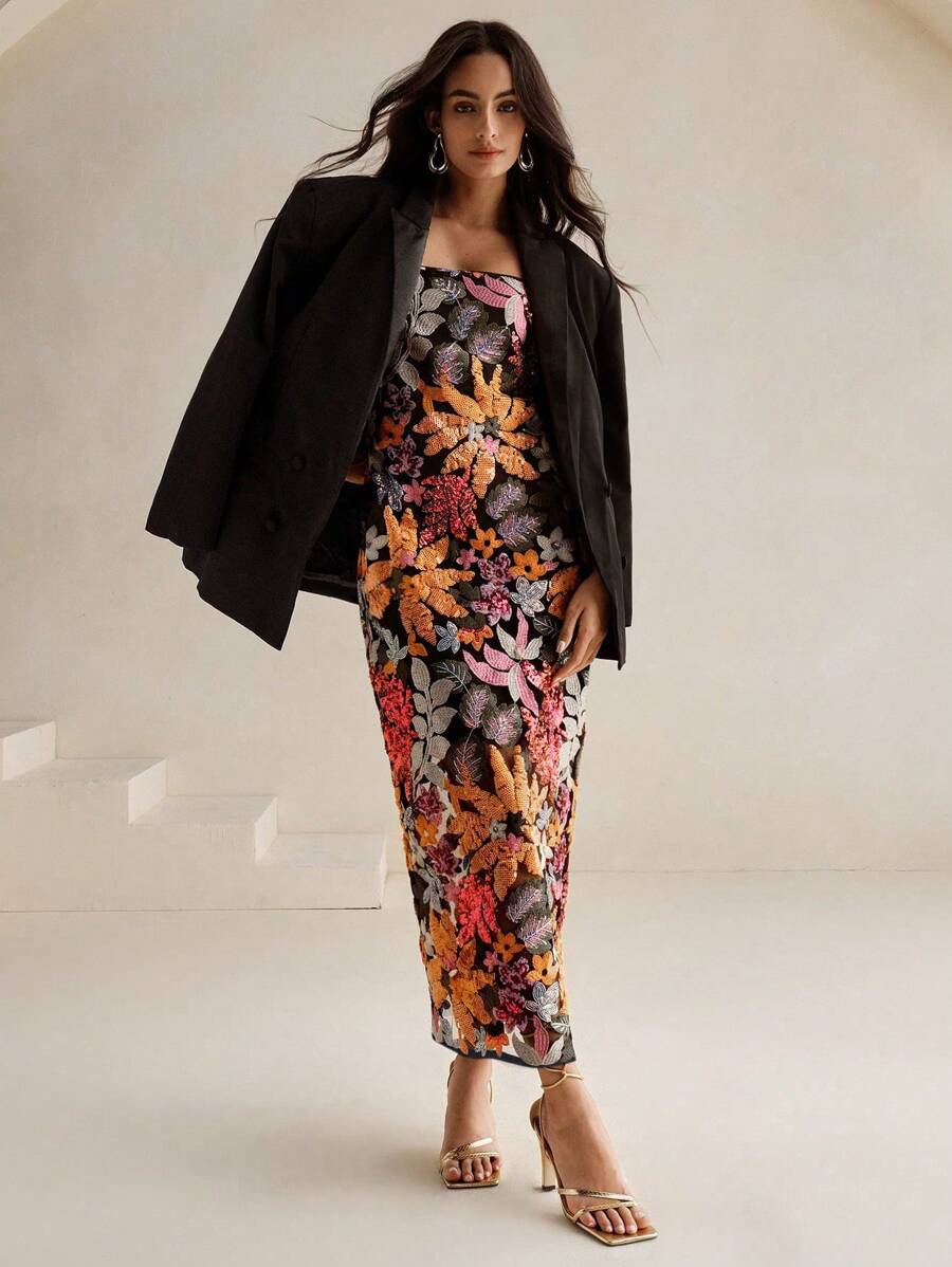 SHEIN Anewsta فستان ماكسي مزخرف بالخرز بدون أكتاف