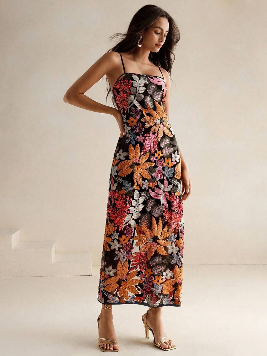 SHEIN Anewsta فستان ماكسي مزخرف بالخرز بدون أكتاف