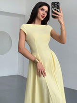 SHEIN Firerie فستان متوسط أصفر بأكمام كتف وخصر مشدود