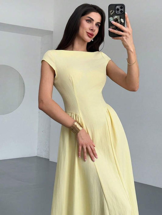 SHEIN Firerie فستان متوسط أصفر بأكمام كتف وخصر مشدود
